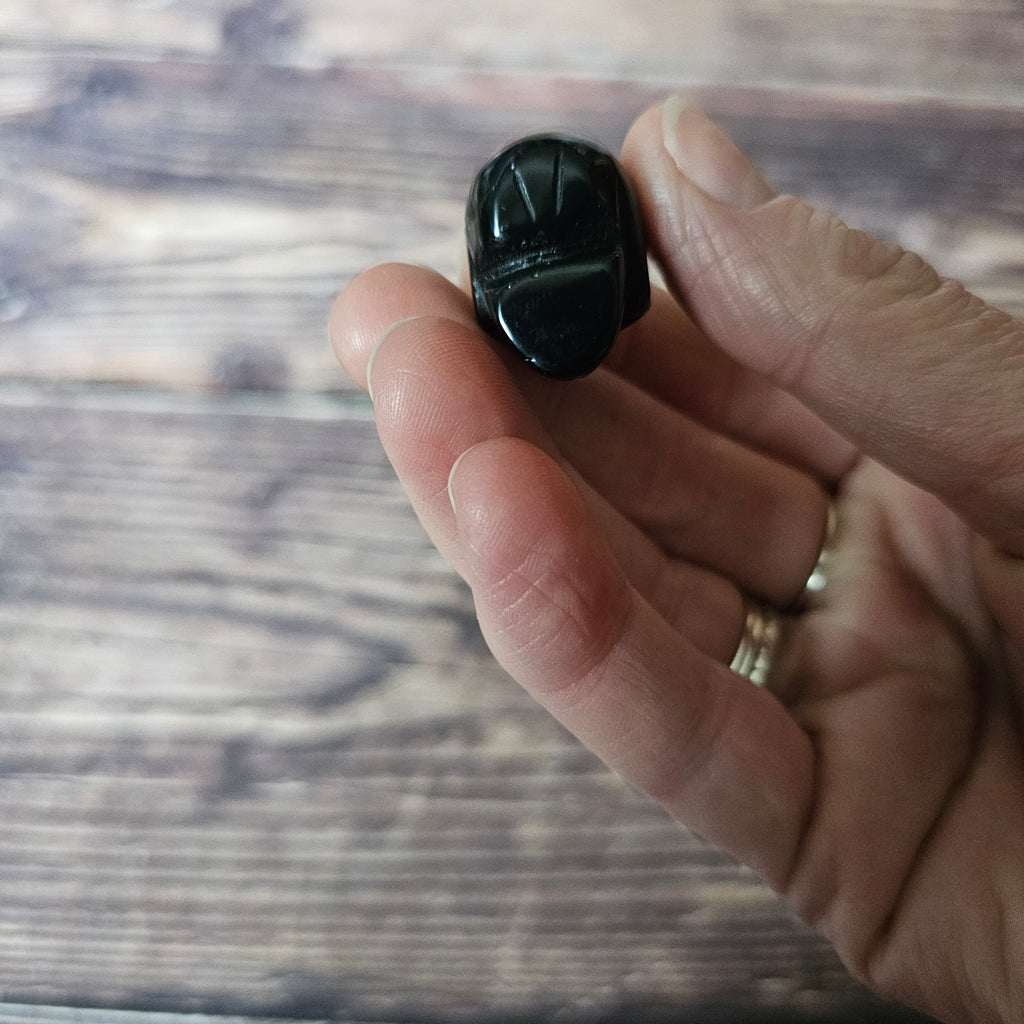 A small carved black crystal skull held in a hand