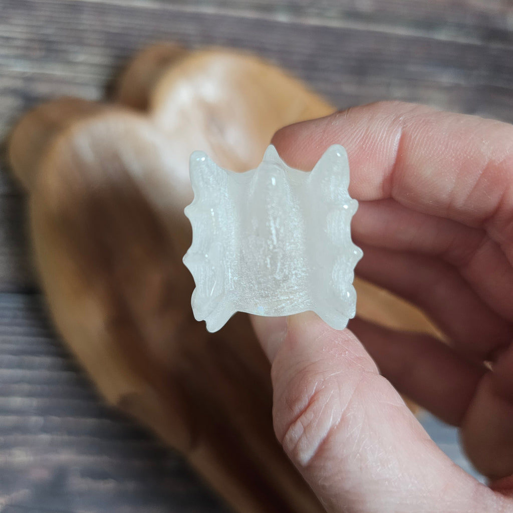 A clear quartz crystal dragon skull figurine, held in a hand
