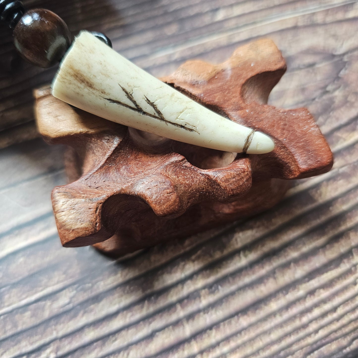 Carved Antler Rune Pendant Necklace; Fehu