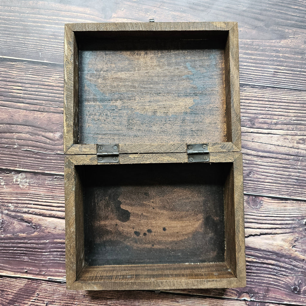 An open, empty wooden box, placed on a wooden surface.