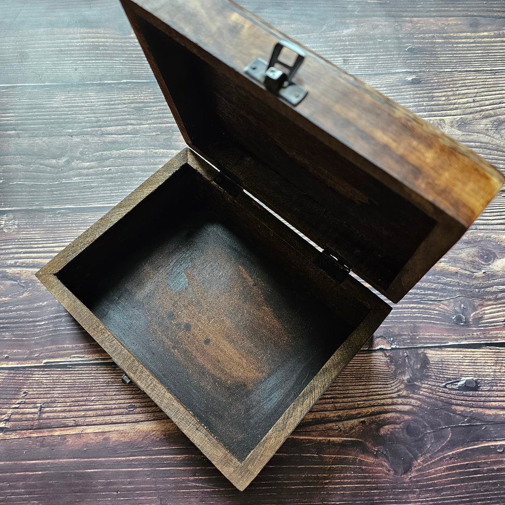 An empty wooden box, placed on a wooden surface.