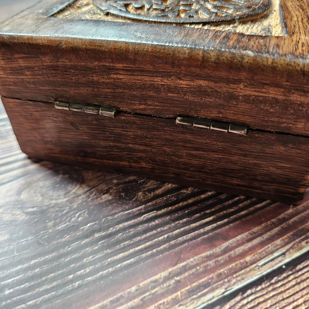 A close up of hinges on a wooden box