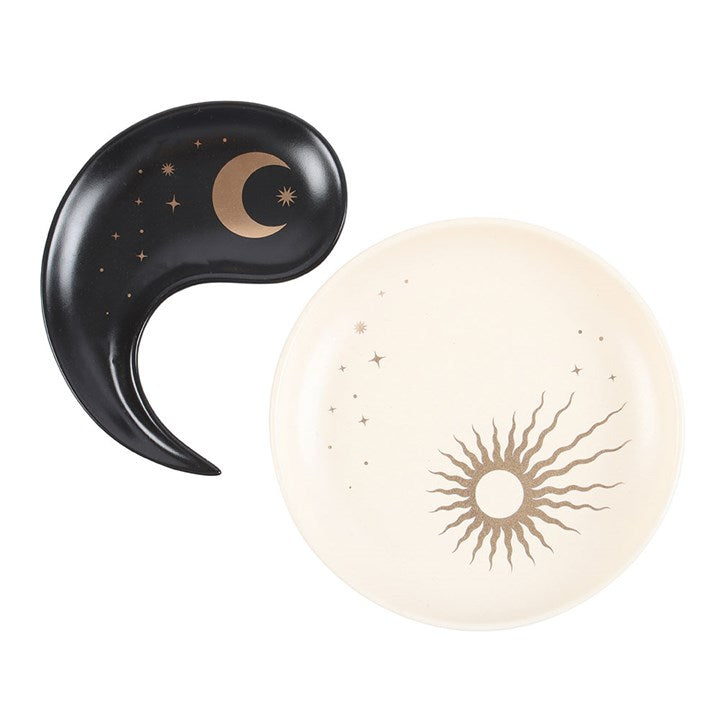 Two ceramic trinket dishes with a stacked yin yang and sun/moon design, displayed against a white background