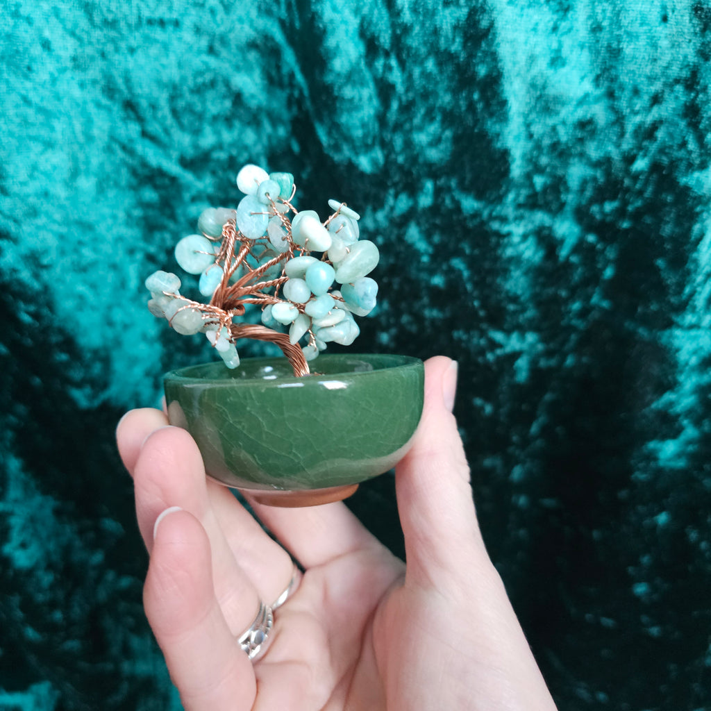 An Amazonite crystal tree in a ceramic tea bowl.