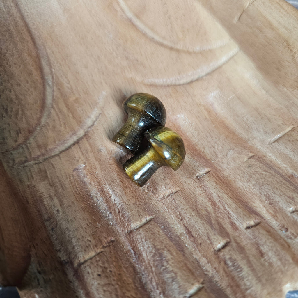 Two miniature crystal mushrooms placed on a wooden surface.